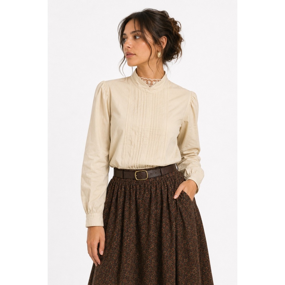 Vintage Victorian Pintuck Blouse 10 Cream Lace High Neck Prairie Romantic 80s